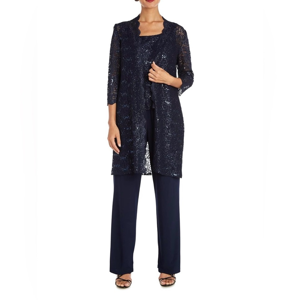 New R&M Richards 3 Piece Lace Pant Jacket Set Navy Sz 12